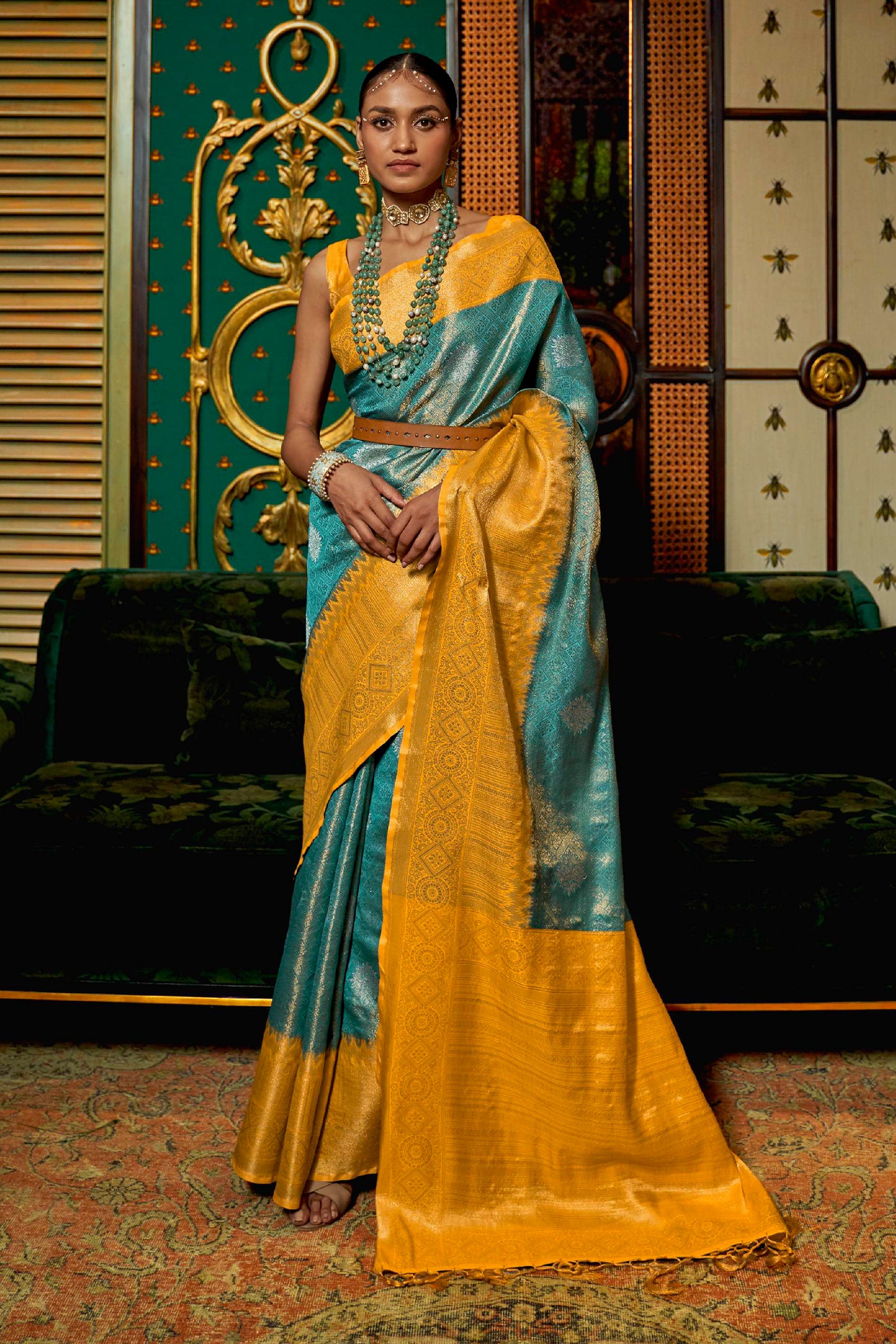 Light Blue Shimmer Silk Kanjivaram Style Saree with Yellow Border