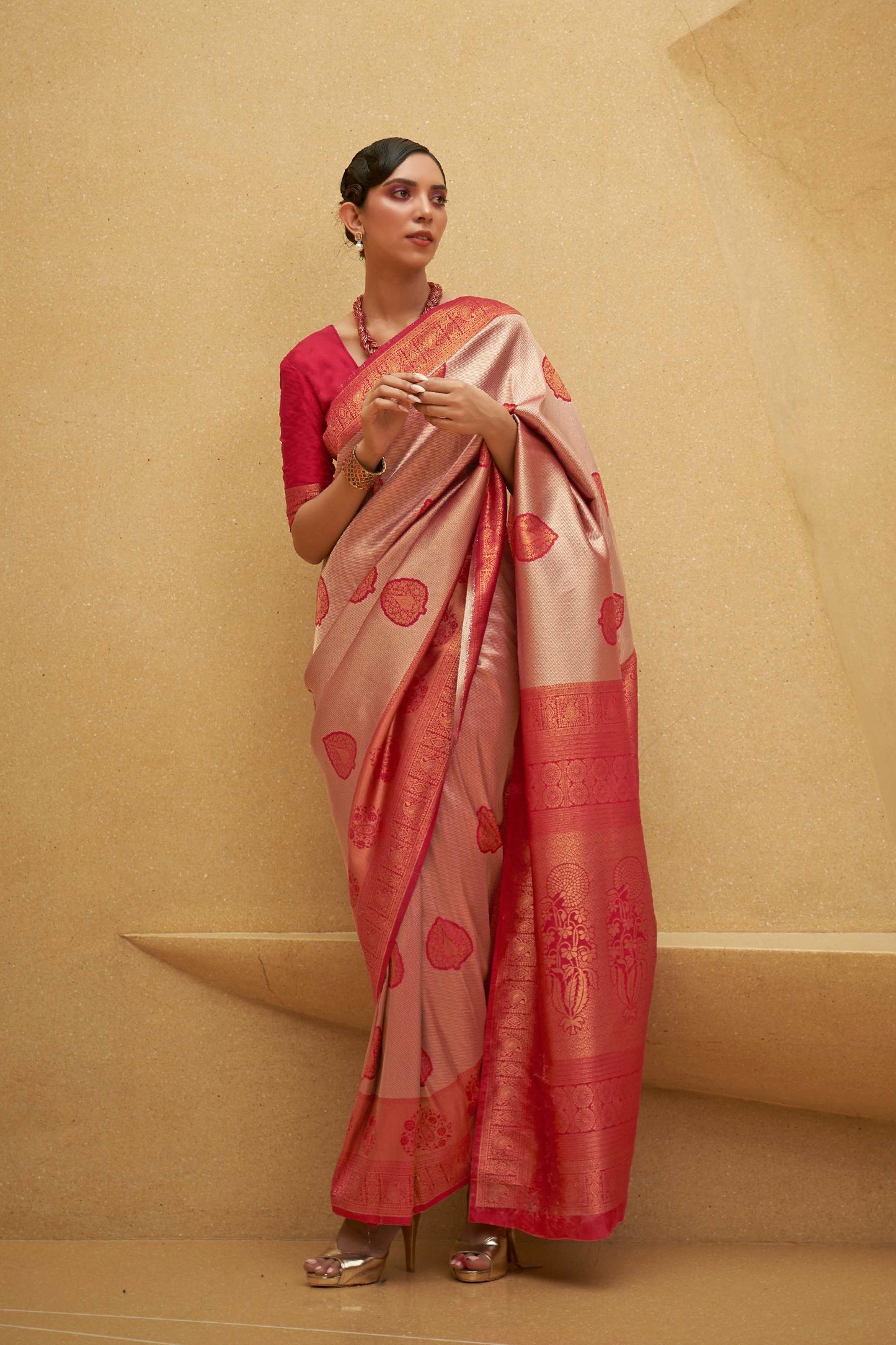 Imperial Red and Copper Designer Kanjivaram Silk Saree with Antique Finish