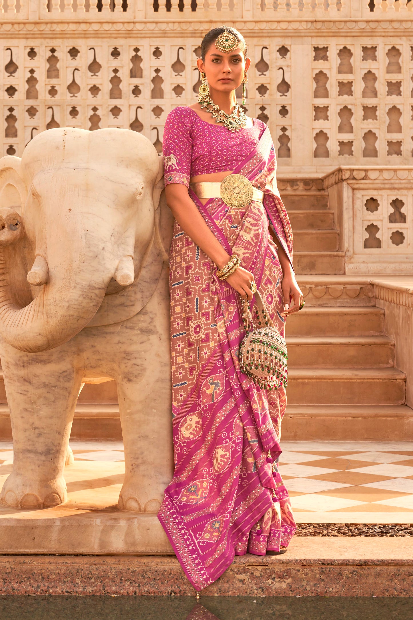 Mauve Pink Woven Patola Designer Saree with Elephant Border