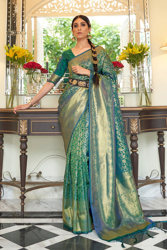 Dark Green Woven Brocade Kanjivaram Saree with Peacock Border