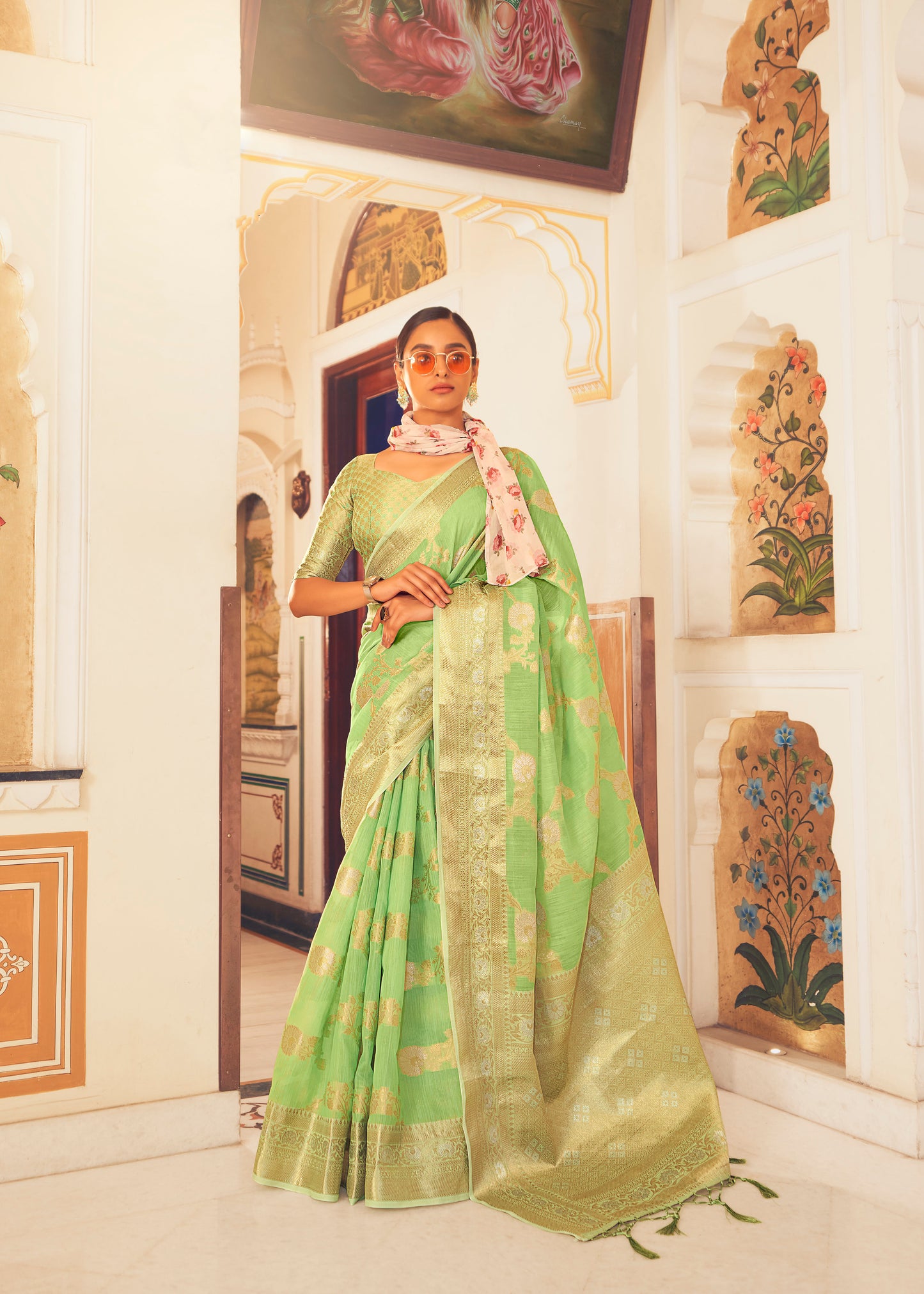 Pastel Green Vintage Zari Woven Linen Silk Saree