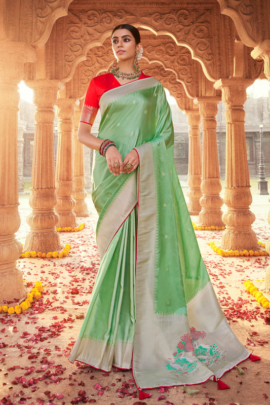 Kiwi Green Designer Paithani Saree with Unique Pallu