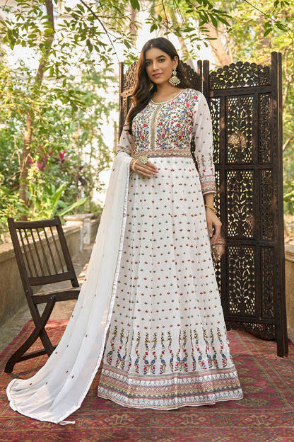 White Floral Embroidered Partywear Gown Suit with Dupatta