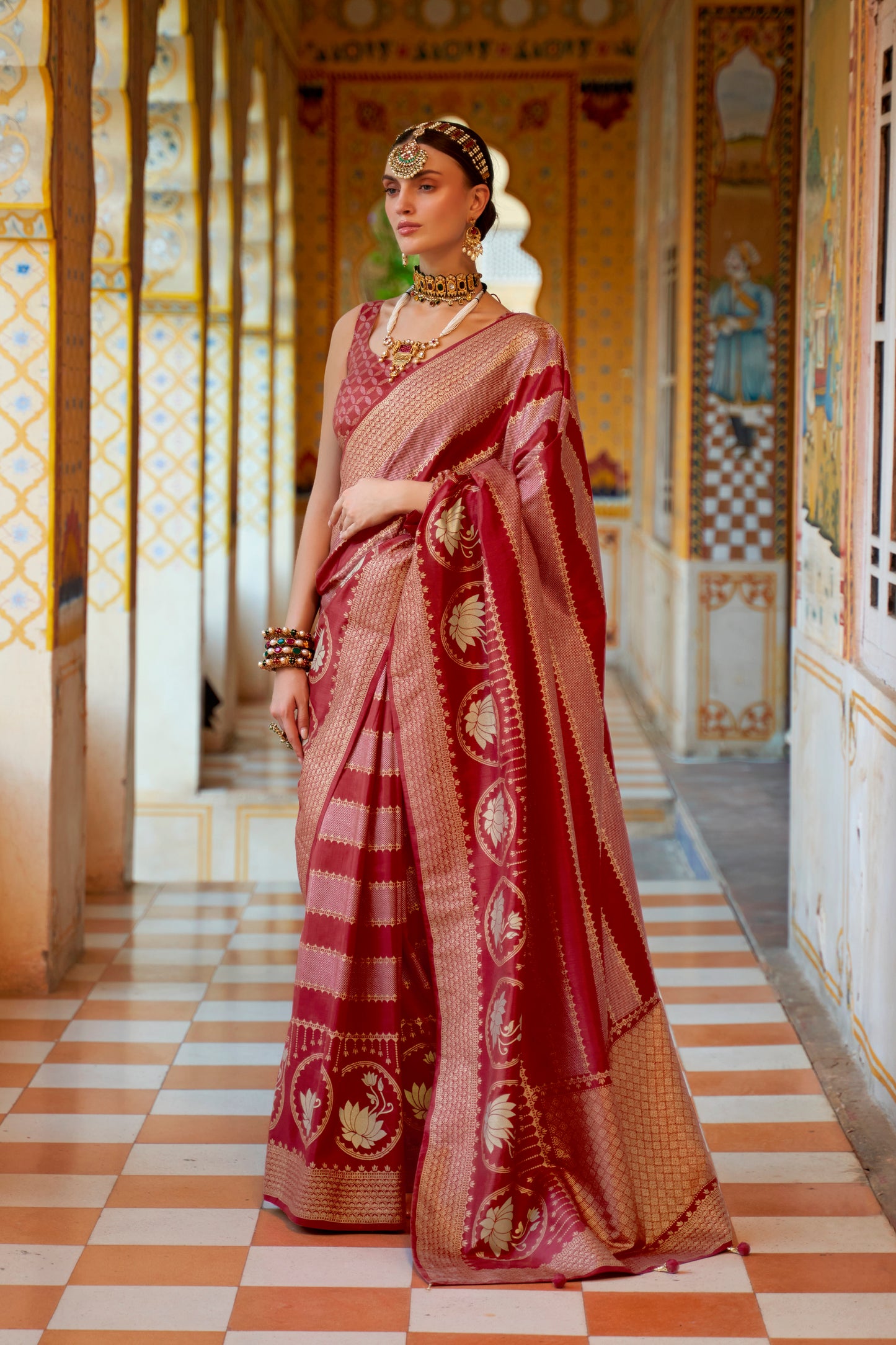 Brick Red Banarasi Silk Saree with Designer Blouse for Women