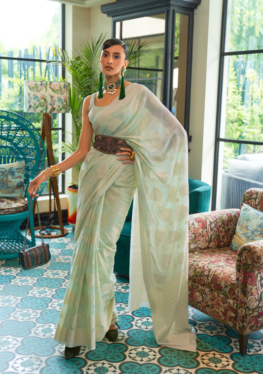 Mild Green Woven Lucknowi Saree in Pure Modal Silk