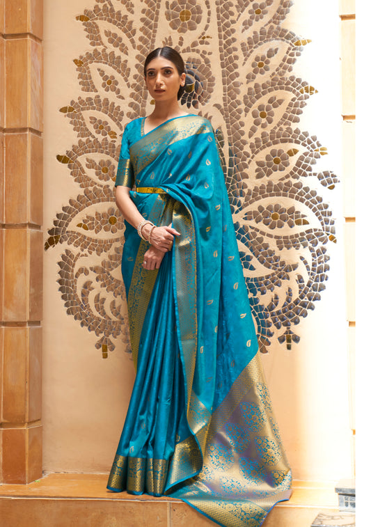 Sapphire Blue Soft Banarasi Silk Saree with Golden Zari Woven Border