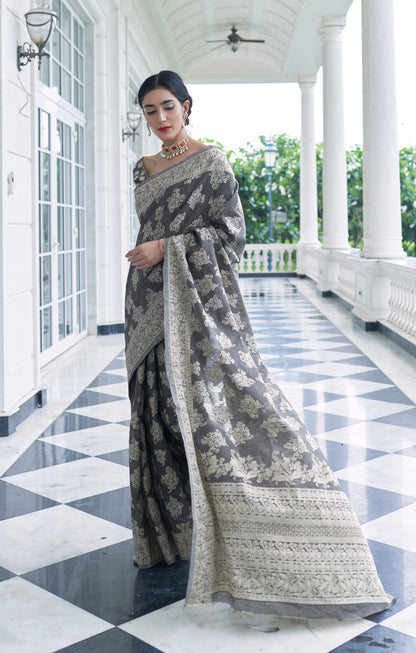 Smoky Grey Woven Chikankari Saree with Intricate Design