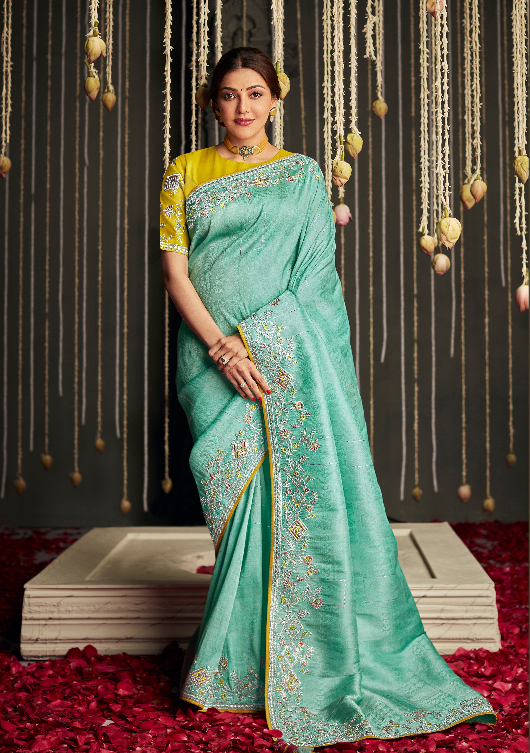 Yellow Pure Chanderi Silk Handwoven Saree with Green all over Meenakar