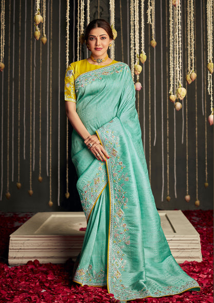 Ocean Green Satin Silk Designer Saree with Yellow Blouse