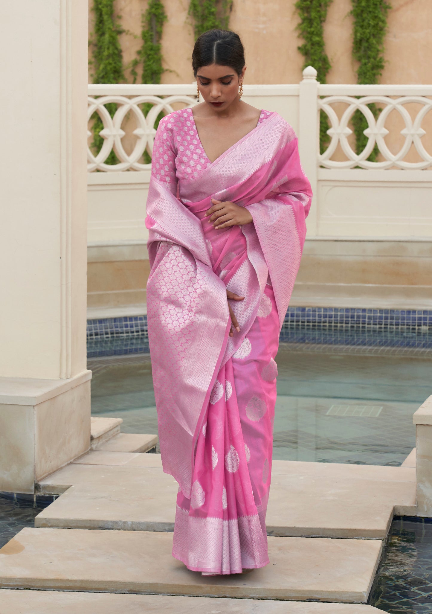 Bubble gum Pink Woven Linen Silk Saree Blouse with Banarasi Butti