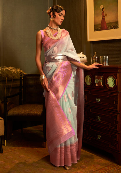 Grey & Pink Woven Linen Silk Saree