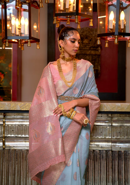 Powder Blue & Pink Banarasi Linen Silk Saree Fir Pretty You/ SheInSarees