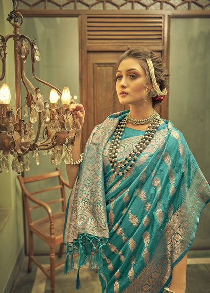 Teal Soft Banarasi Saree with Lehariya Style Zari Weaving