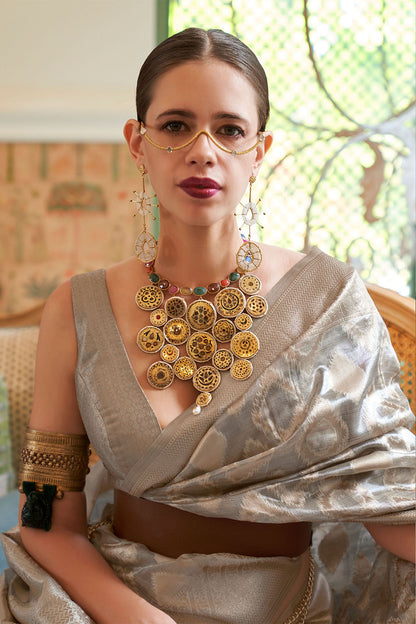 Sparkling Grey Soft Tissue Zari Jaal Weaving Saree for Weddings