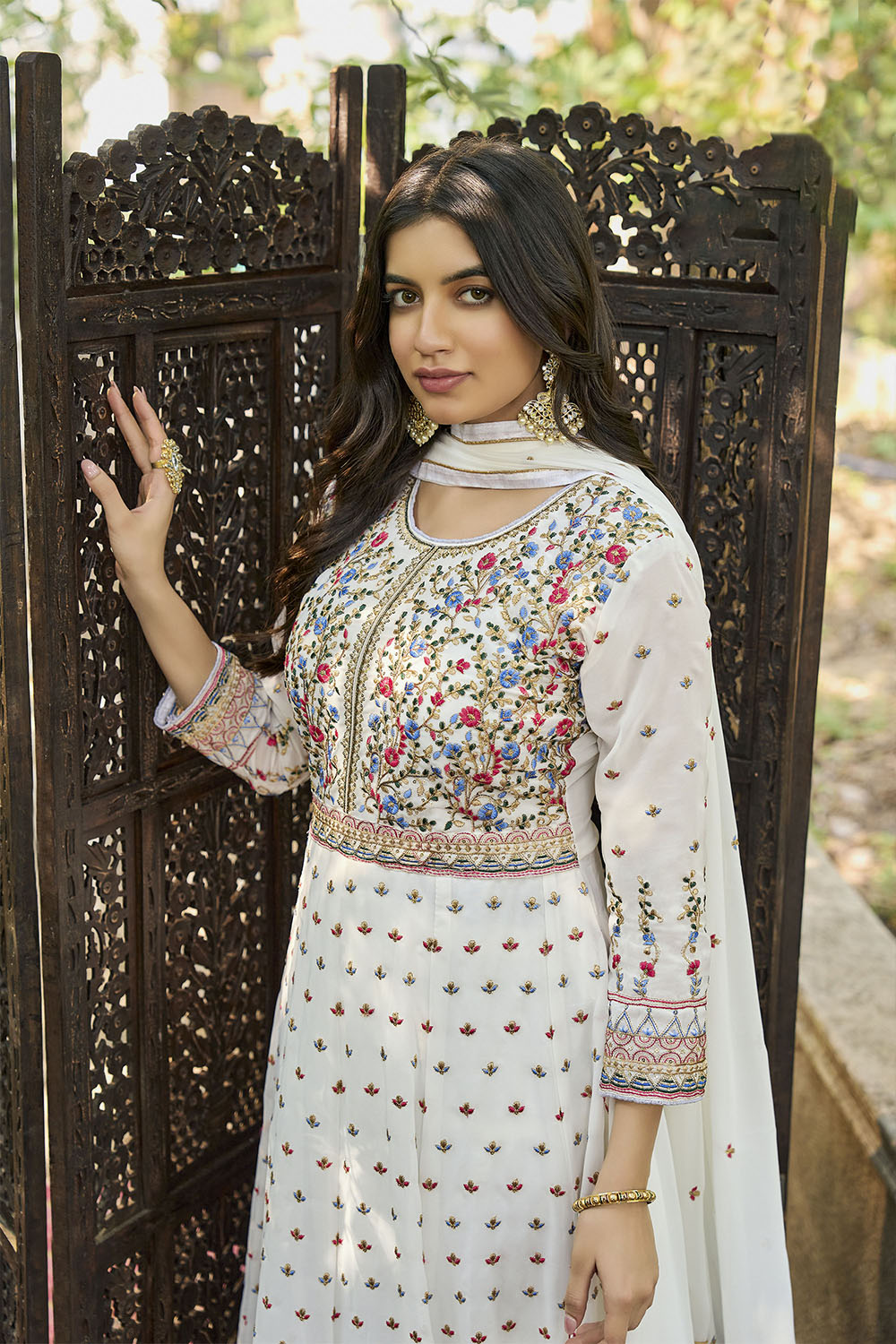 White Floral Embroidered Partywear Gown Suit with Dupatta