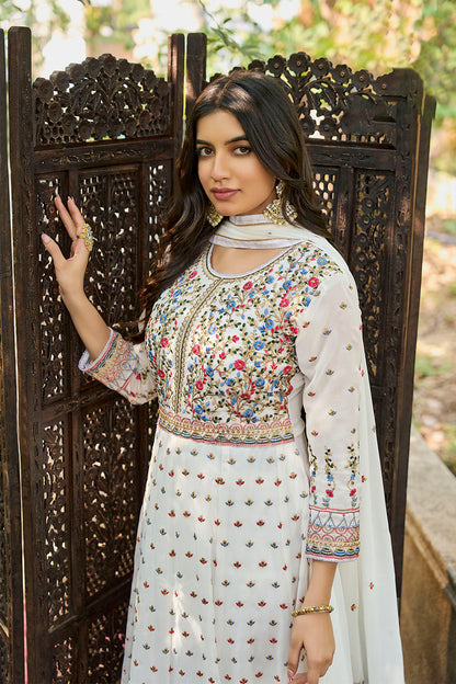 White Floral Embroidered Partywear Gown Suit with Dupatta