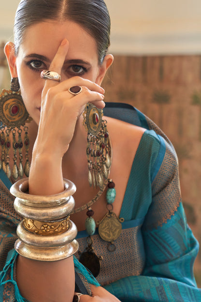 Firozi Blue Tussar Woven Designer Silk Saree for Weddings