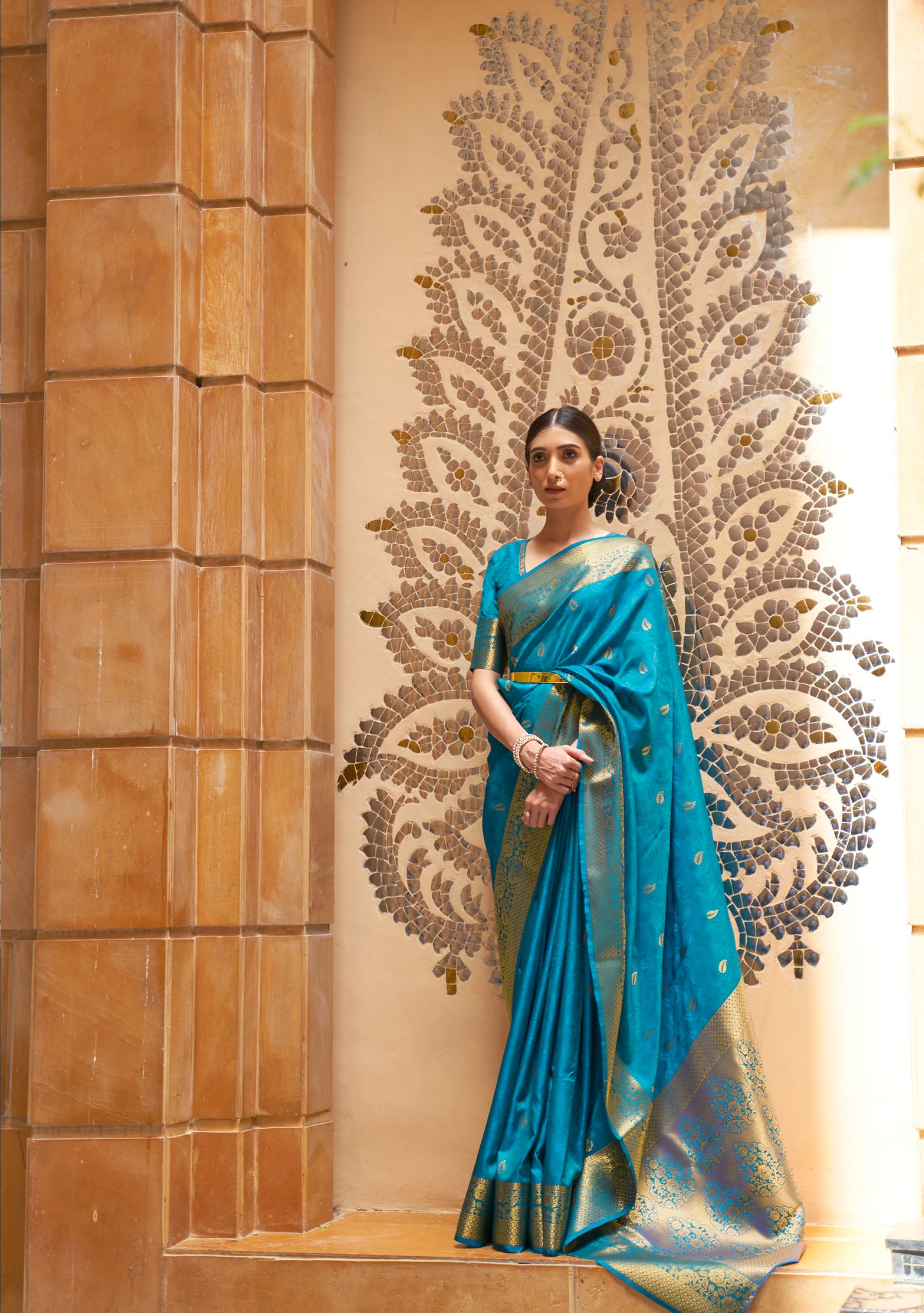 Sapphire Blue Soft Banarasi Silk Saree with Golden Zari Woven Border