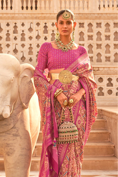 Mauve Pink Woven Patola Designer Saree with Elephant Border