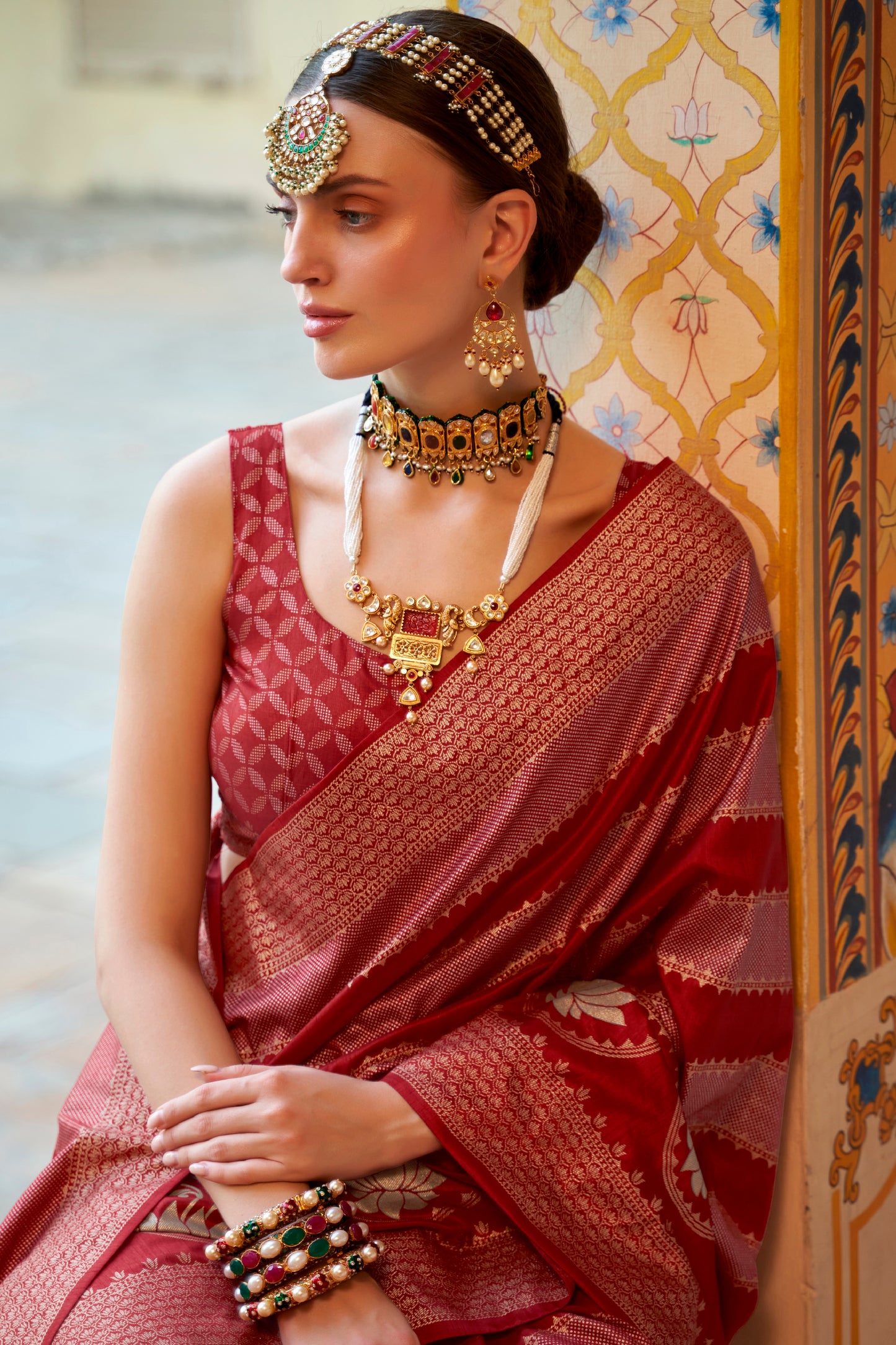 Brick Red Banarasi Silk Saree with Designer Blouse for Women