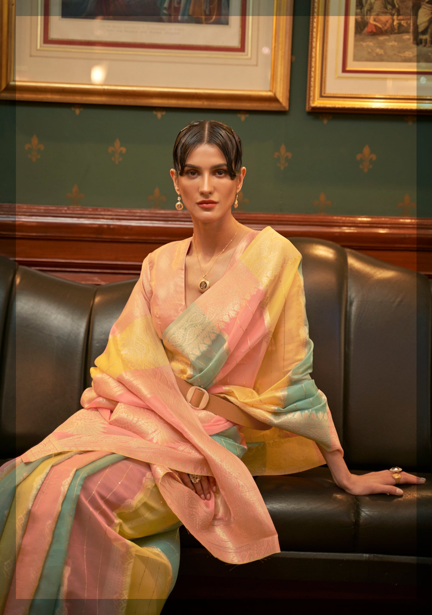 Salmon, Peach and Yellow Shadded Beautiful Organza Silk Saree Blouse for Woman