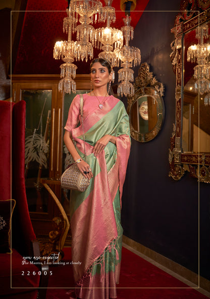 Light Green with Pink  kanjivaram Pattu Saree for Woman