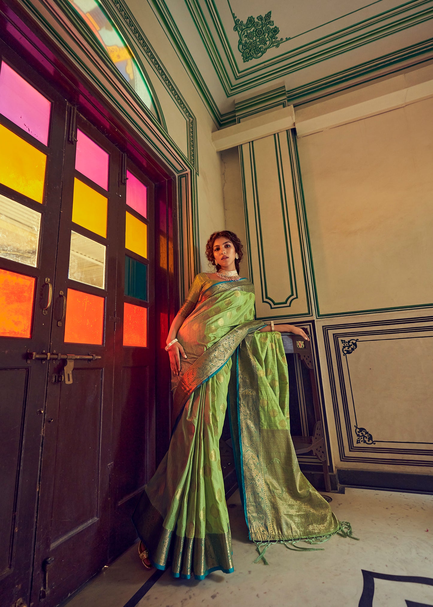 Basil Green Woven Banarasi Saree for Weddings