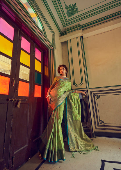 Basil Green Woven Banarasi Saree for Weddings