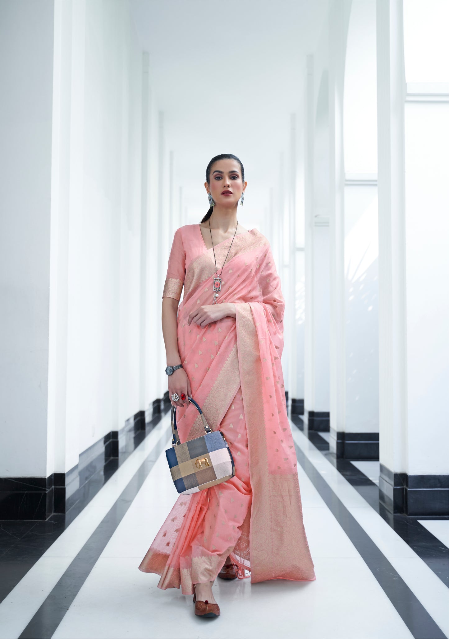 Light Pink Banarasi Linen Inspired Zari Woven Saree