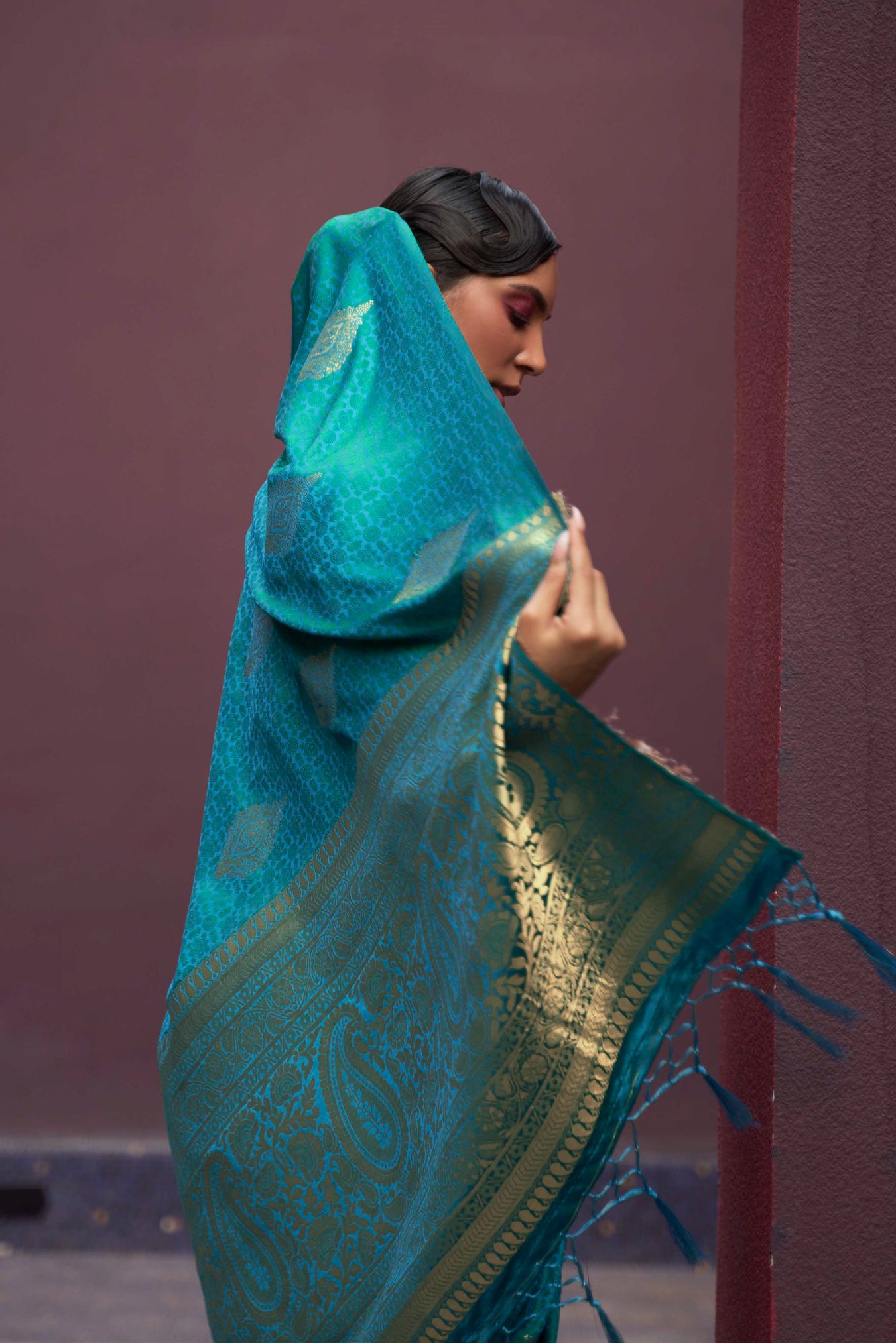 Firozi Blue Kanjivaram Style Woven Silk Saree with Zari