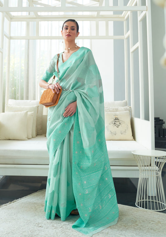 Light Blue Pure Modal Silk Woven Lucknowi Saree