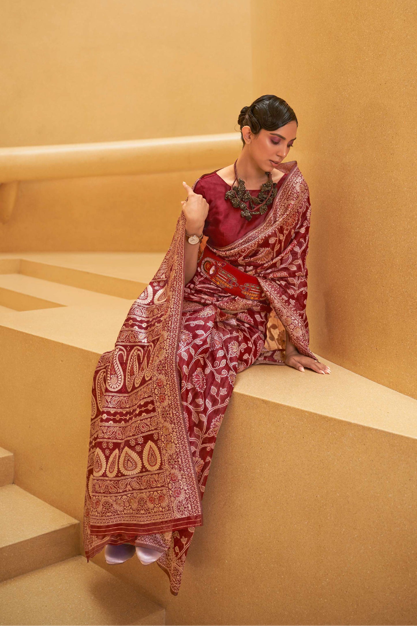 Apple Red Woven Chikankari Saree with Meenakari Zari Weaving