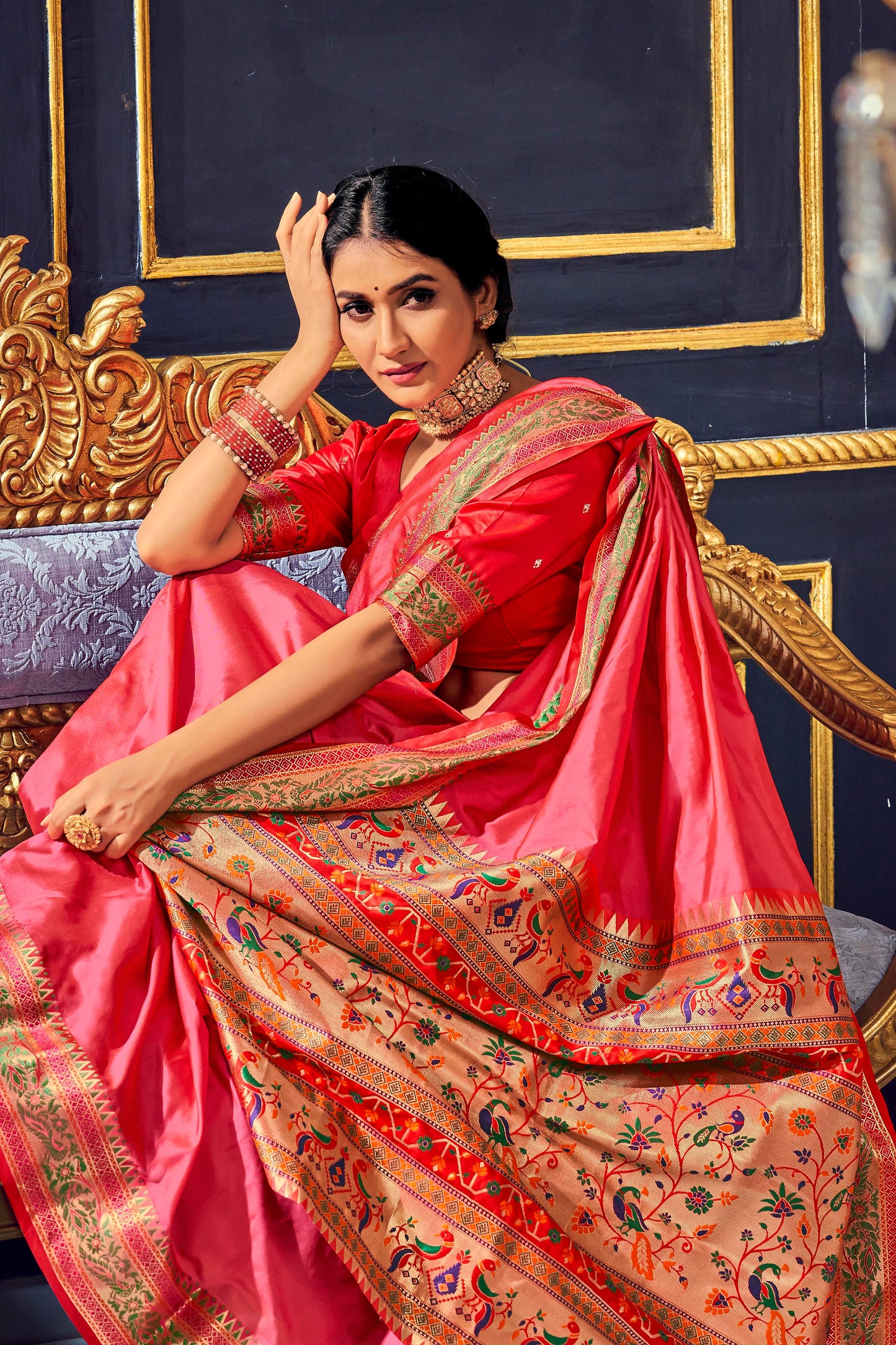 Dark Peach Paithani Woven Pallu and Border Saree with Contrast Blouse