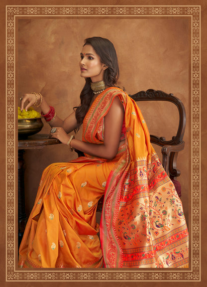 Mango Yellow Woven Paithani Soft Silk Saree for Weddings