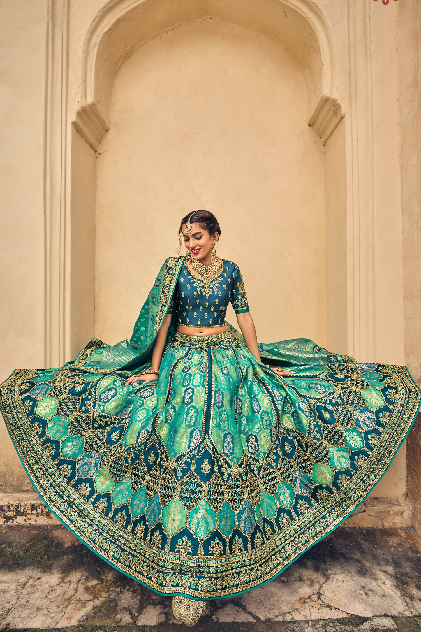 Shades Of Peacock Heavy Crushed Silk Lahenga with Banarasi Duptaa