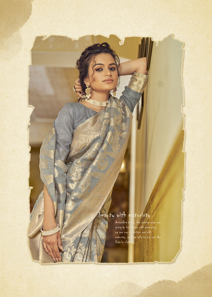 Powder Grey Banarasi Jungla Jaal Zari Woven Saree for Weddings