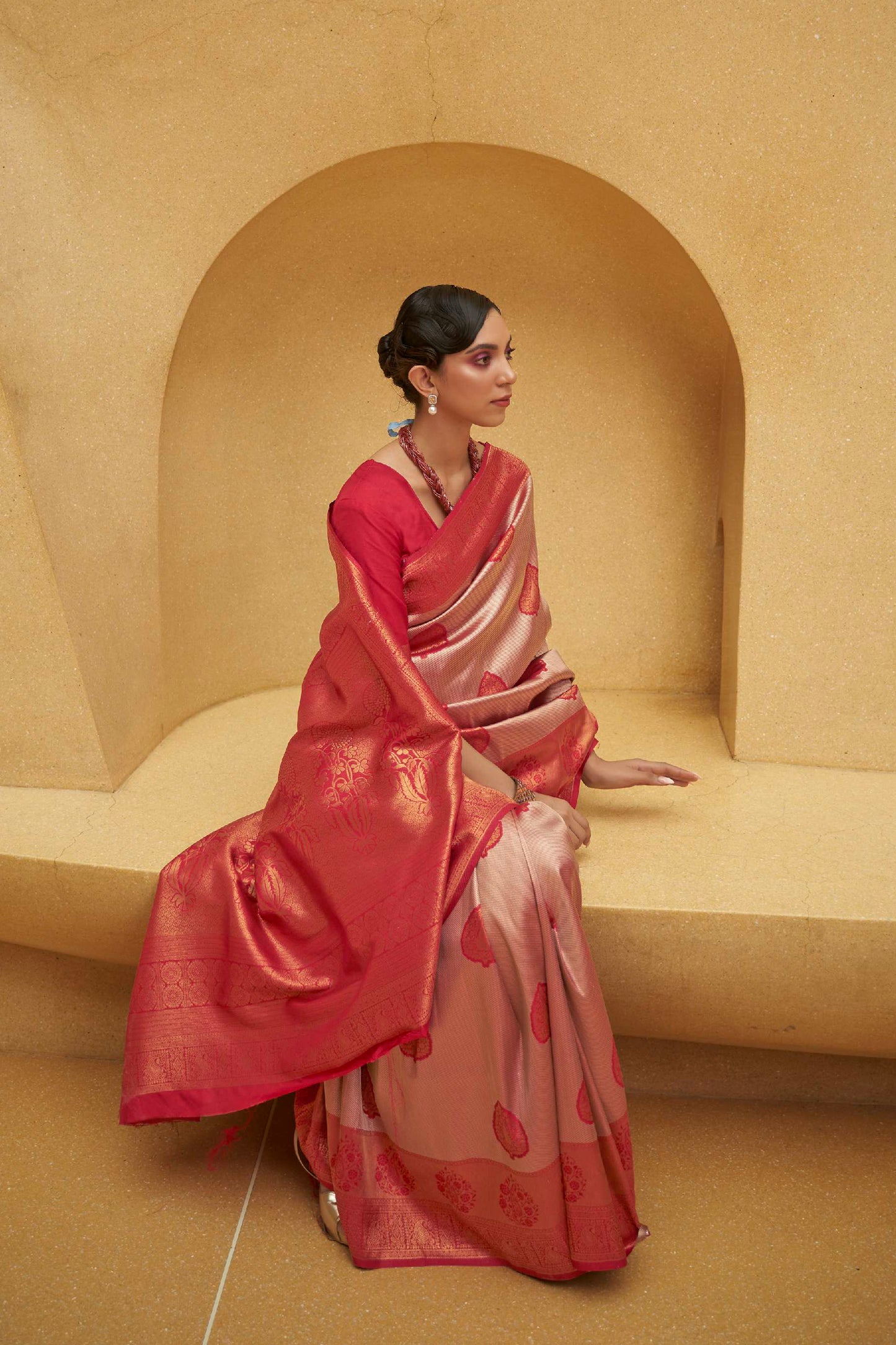 Imperial Red and Copper Designer Kanjivaram Silk Saree with Antique Finish