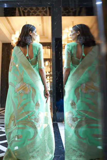 Seafoam Green  Zari Woven Floral Pallu Linen Saree.