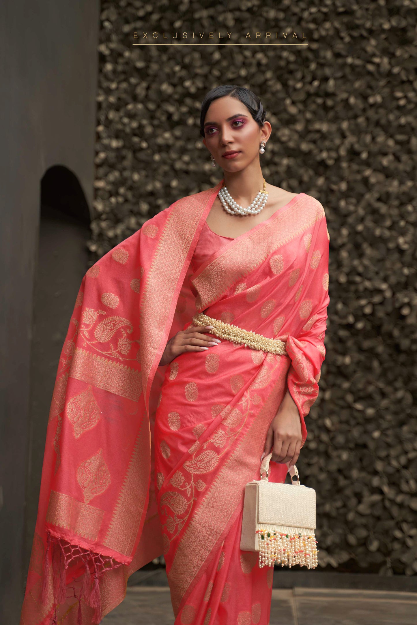 Dark Peach Banarasi Zari Woven Designer Saree with Grand Pallu