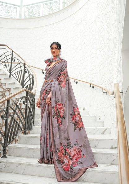 Light Grey Floral Printed Kalamkari Saree