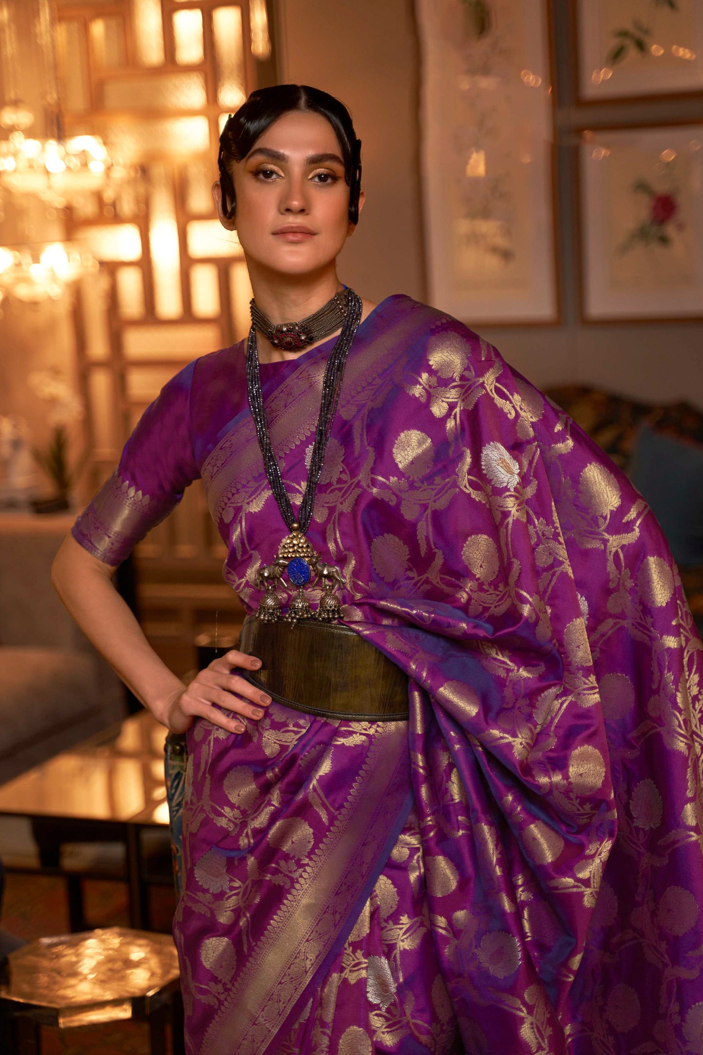 Plum Purple Woven Banarasi Jungla Jaal Soft Silk Saree