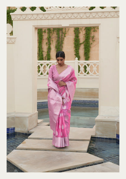 Bubble gum Pink Woven Linen Silk Saree Blouse with Banarasi Butti