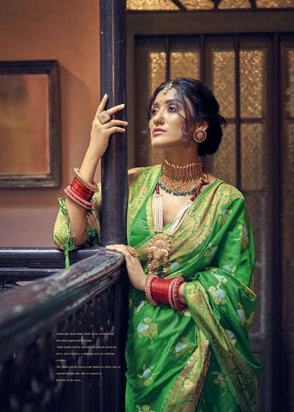 Bright Green Banarasi Kaduwa Dual Zari Woven Saree for Weddings