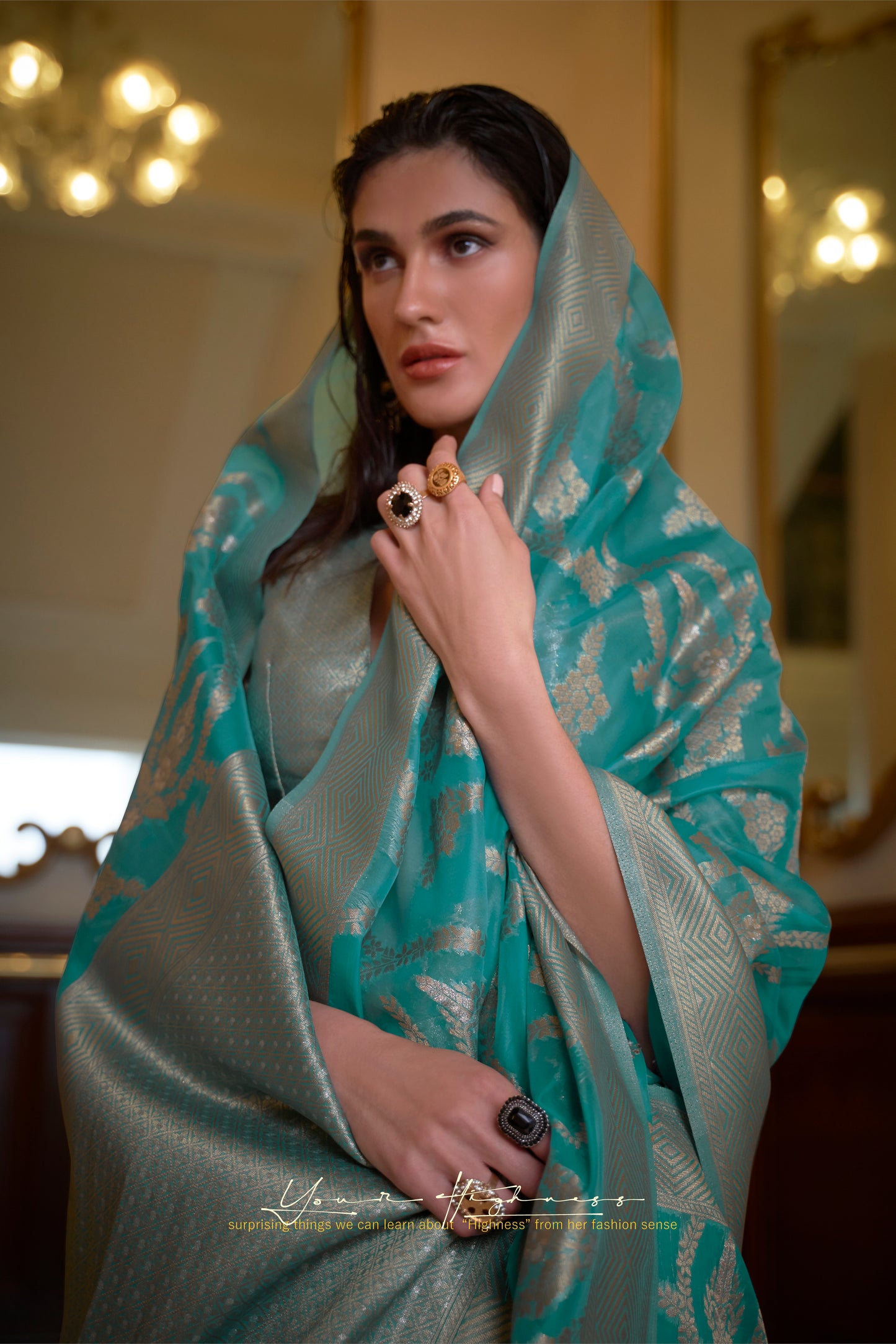 Turquoise Banarasi Organza Saree with Woven Jaal Weaving