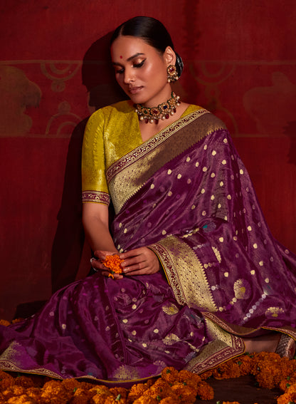 Wine Purple Banarasi Ektara Silk Saree with Mustard Yellow Blouse