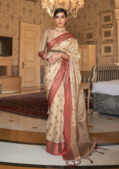 Ivory and Golden Banarasi Weaving Silk Saree for Wedding Reception