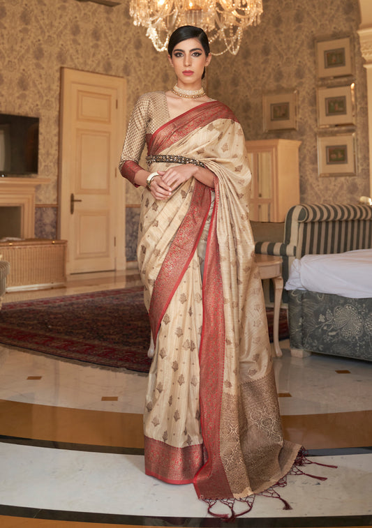 Ivory and Golden Banarasi Weaving Silk Saree for Wedding Reception