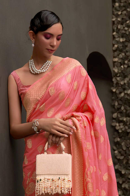 Dark Peach Banarasi Zari Woven Designer Saree with Grand Pallu