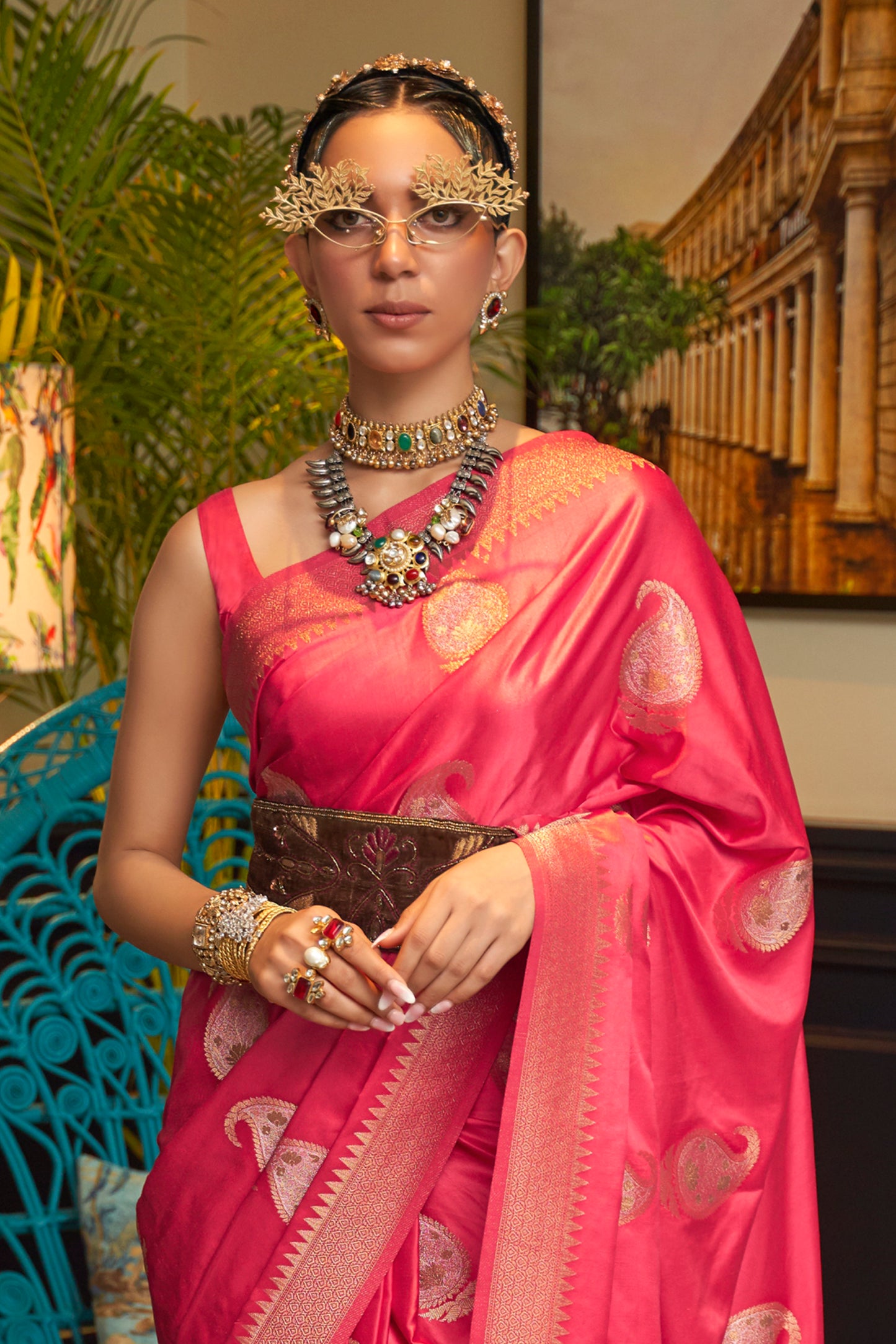 Scarlet Red Pure Satin Two Tone Weaving Silk Saree For Wedding