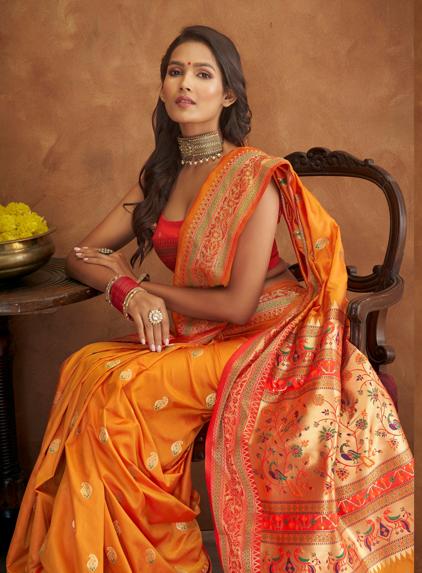 Mango Yellow Woven Paithani Soft Silk Saree for Weddings